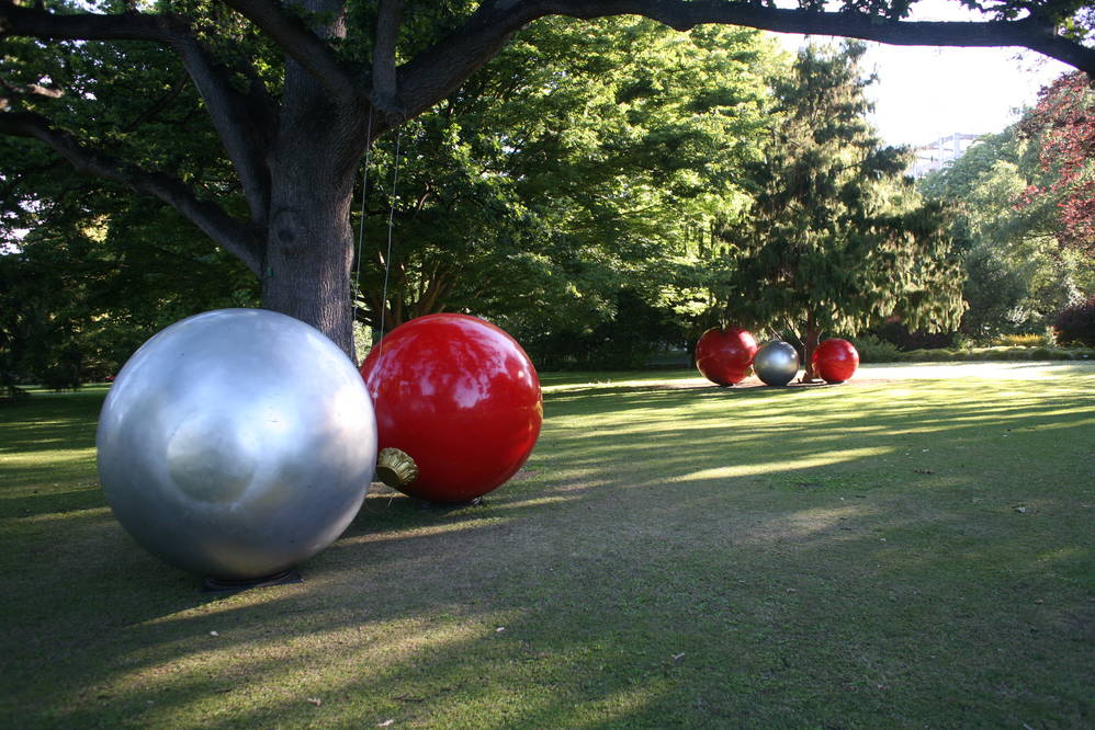 Christmas decorations along the trees