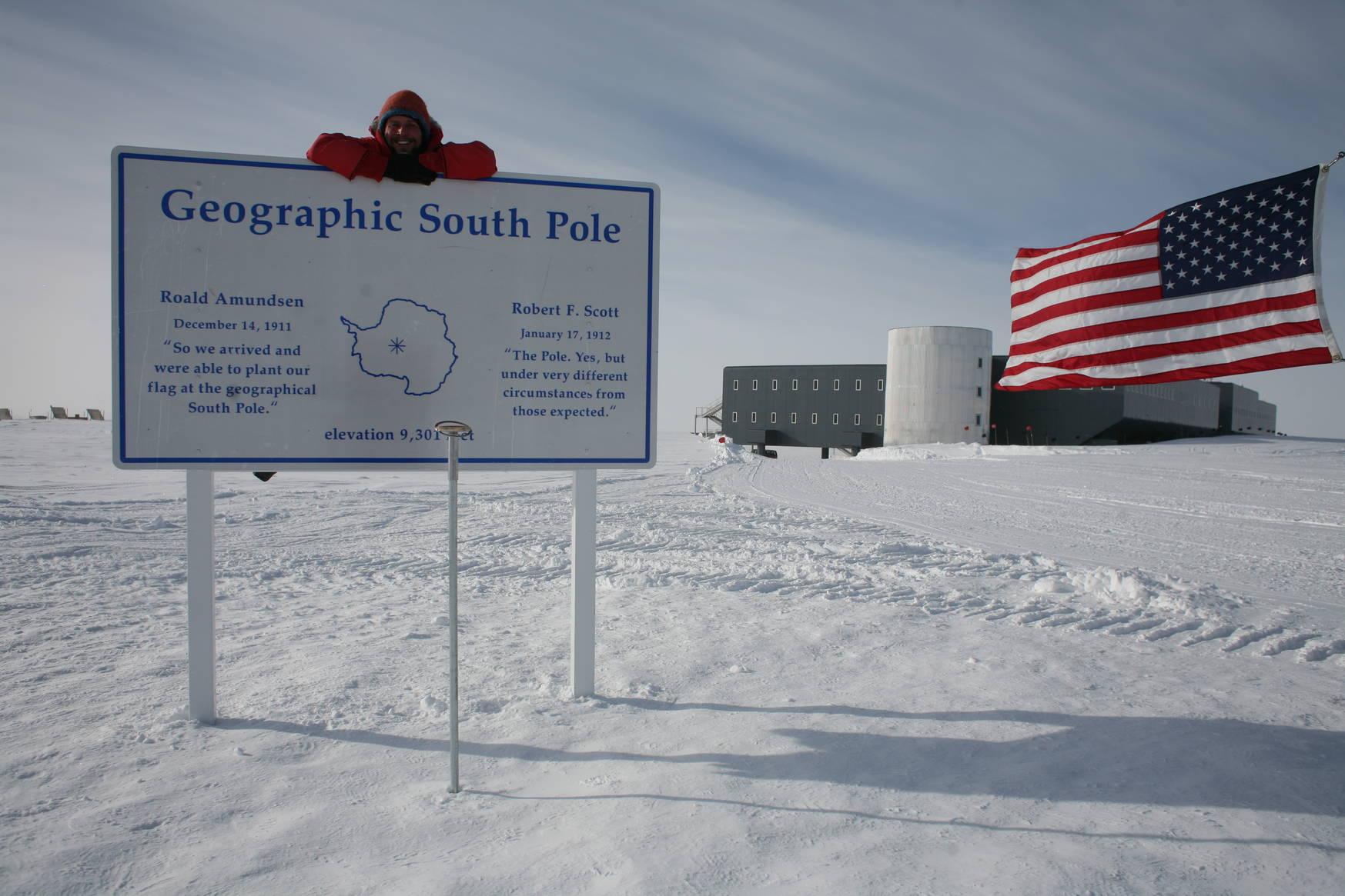 The actual geographical south pole moves with the ice, a few meters every year. Every winter crew produces a marker for the next year, the new marker is placed at New Year's.
