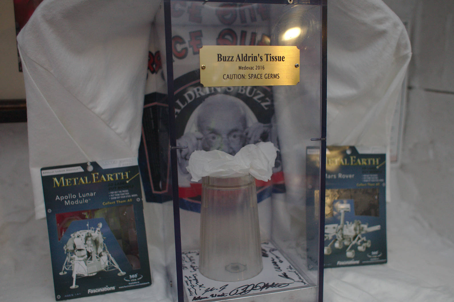 Some of the 2016/2017 summer crew set up a shrine commemorating the visit of Buzz Aldrin to south pole station, humorously displaying a tissue and a cup used by the former astronaut.